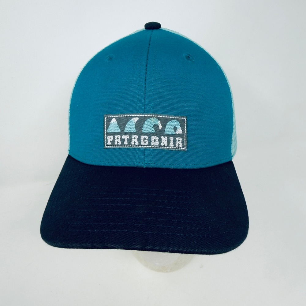 Patagonia‎ Kids Trucker Hat Teal Navy Blue Mountain Wave Patch Snapback Cap